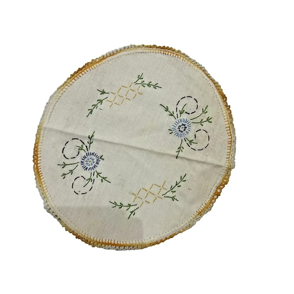 Vintage Embroidered‎ Linen Cross Stitch Blue Flowers Laced Edge Cottagecore